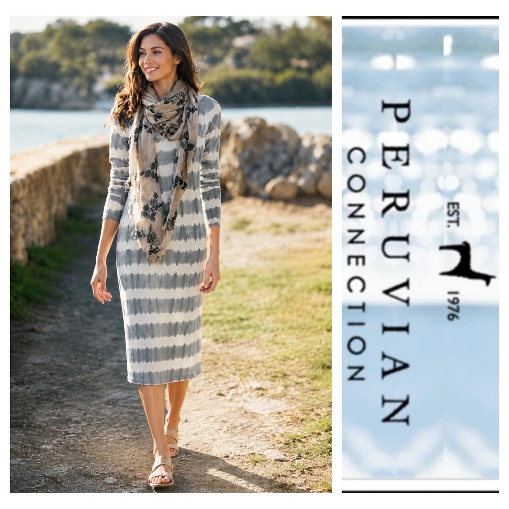 Peruvian Connection Beachcomber Gray White Tie Dye Boho Lagenlook Midi Dress M